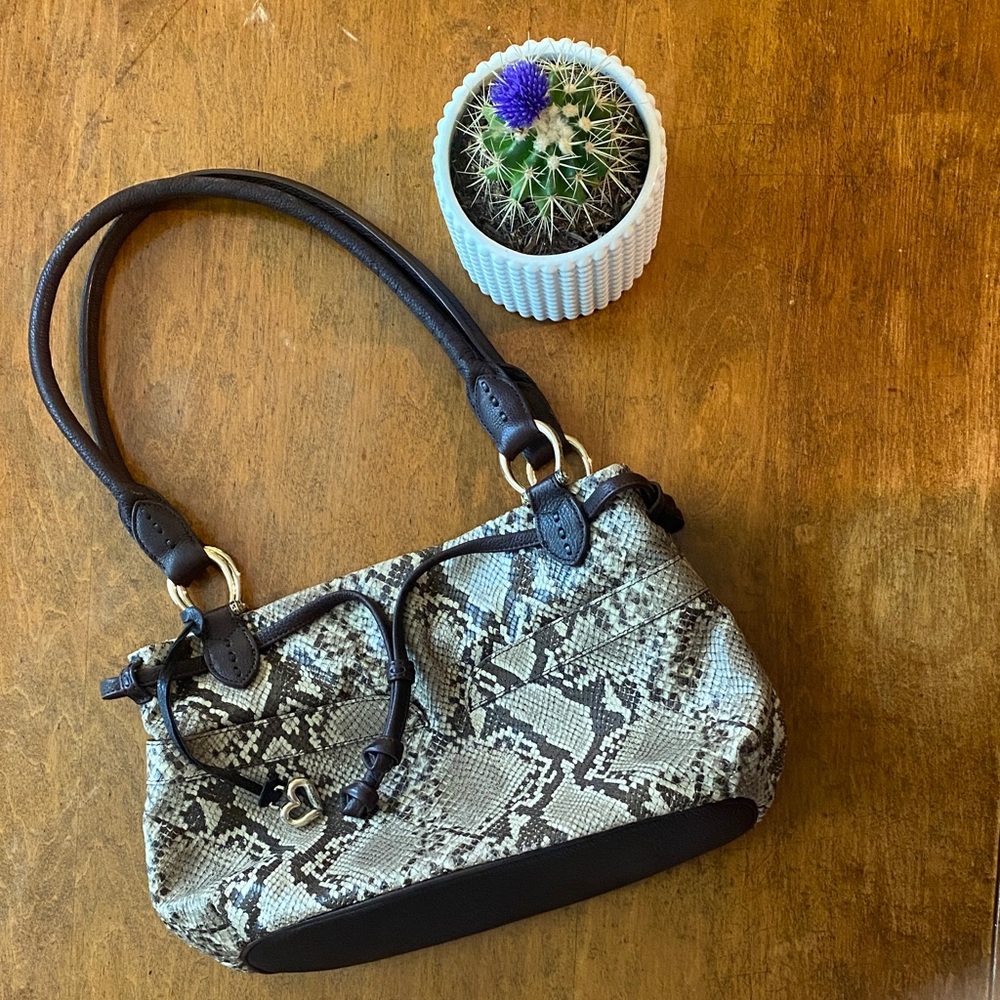 Brighton Snakeskin Shoulder Bag Brown Leather Trim Animal Print Purse